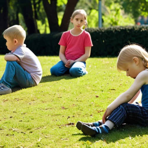 A pale child with fatigue, sitting listlessly while other children play energetically in a park setting. Focus on the child's pale complexion and tired posture.