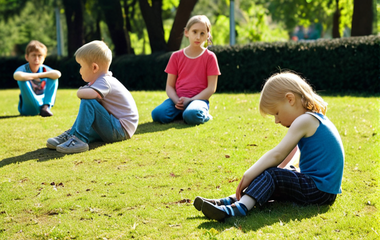 A pale child with fatigue, sitting listlessly while other children play energetically in a park setting. Focus on the child's pale complexion and tired posture.