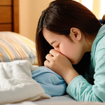 Caring for a Sick Child**

"A mother gently wiping the nose of her young child who is resting in bed, fully clothed in pajamas, the room is warmly lit with a soft glow, a humidifier is visible in the background, modest, family-friendly setting, safe for work, appropriate content, perfect anatomy, natural proportions, well-formed hands, proper finger count, professional illustration, high quality."

**