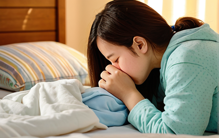 Caring for a Sick Child**

"A mother gently wiping the nose of her young child who is resting in bed, fully clothed in pajamas, the room is warmly lit with a soft glow, a humidifier is visible in the background, modest, family-friendly setting, safe for work, appropriate content, perfect anatomy, natural proportions, well-formed hands, proper finger count, professional illustration, high quality."

**