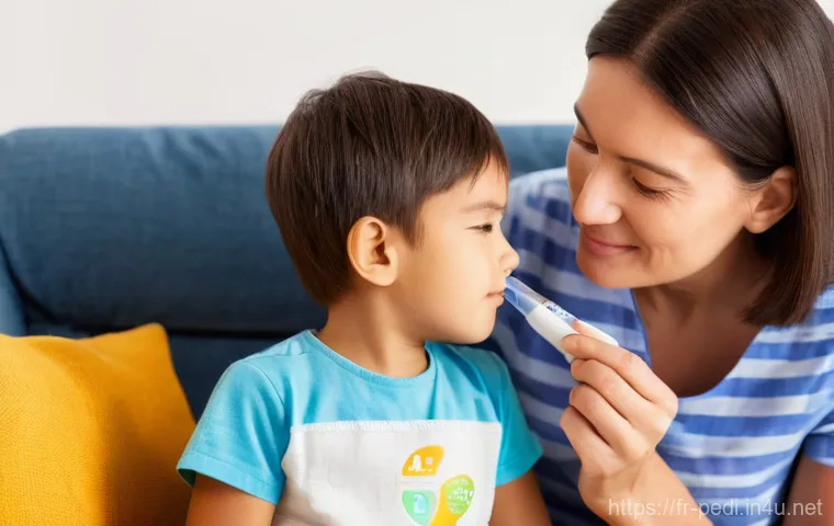 아이들의 체온 측정 방법과 적정 온도 - **Prompt for Child with Frontal Thermometer:**
    "A quiet, intimate scene where a parent is checki...