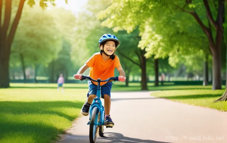 소아 천식 진단 및 치료 병원 추천 - **Prompt:** A vibrant 9-year-old child with a bright smile, full of energy, confidently riding a bic...