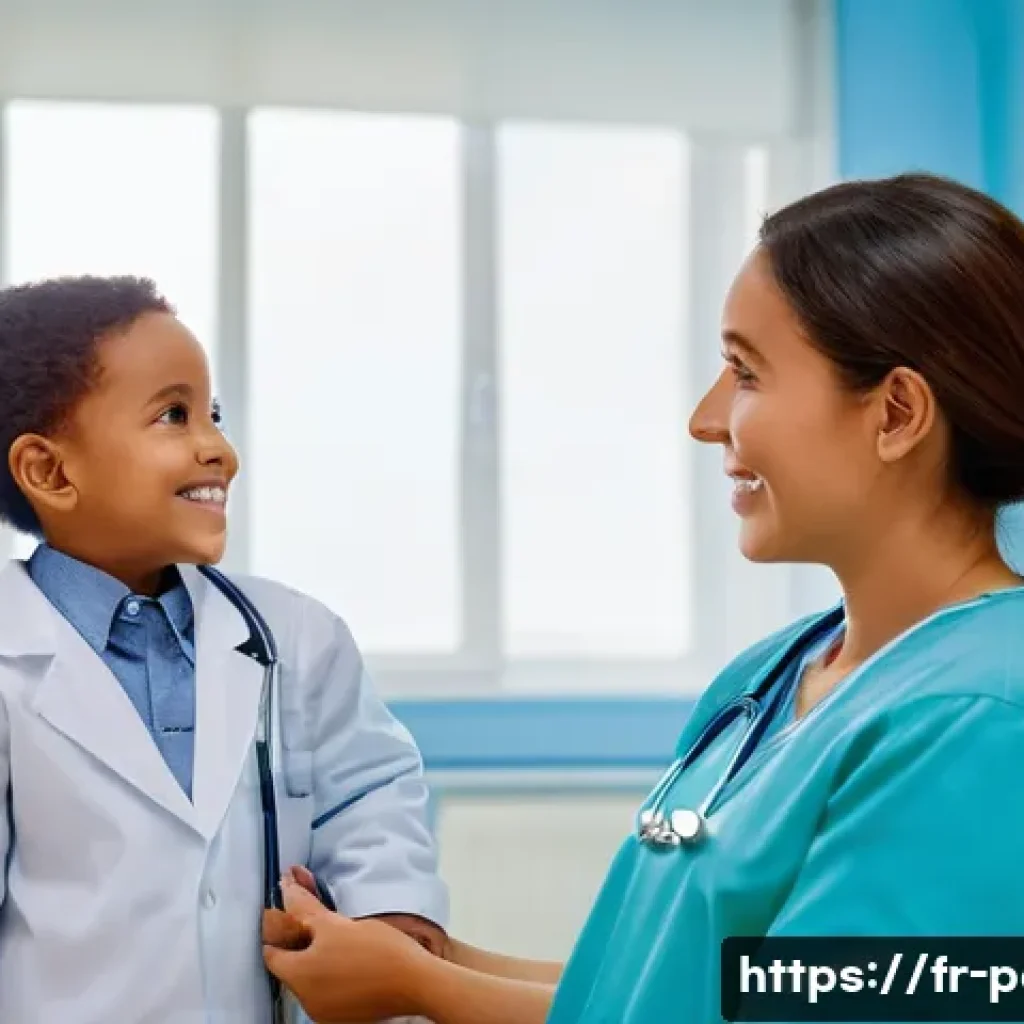 소아과 정기 방문이 중요한 이유 - A warm, inviting scene in a modern pediatrician's examination room. A friendly female pediatrician w...