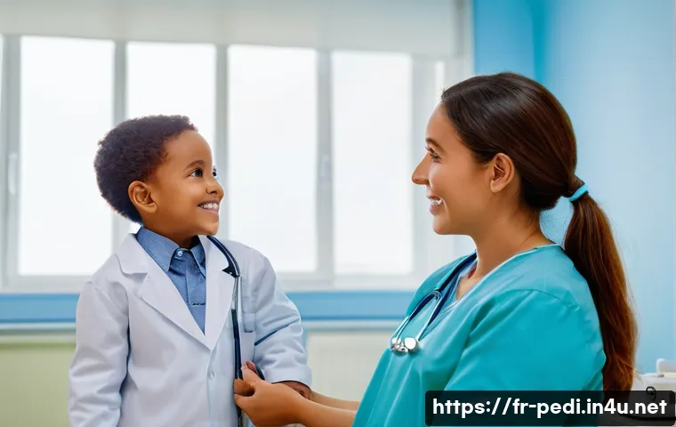 소아과 정기 방문이 중요한 이유 - A warm, inviting scene in a modern pediatrician's examination room. A friendly female pediatrician w...