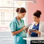 신생아 영양 상태 평가와 소아과 진료 - A warm and bright pediatric clinic scene showing a French mother gently holding her newborn baby wea...