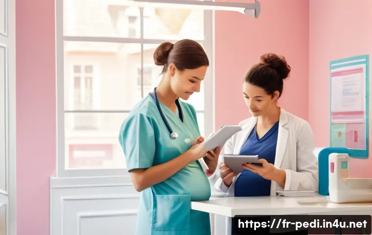 신생아 영양 상태 평가와 소아과 진료 - A warm and bright pediatric clinic scene showing a French mother gently holding her newborn baby wea...