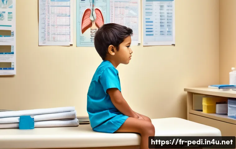 소아과에서 시행하는 기생충 검사 - A detailed medical illustration of a young child wearing underwear, sitting on a pediatric examinati...