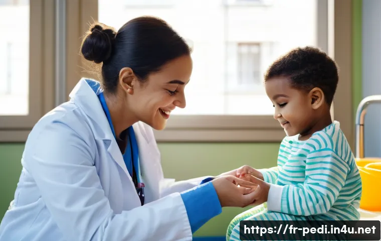 소아 혈우병 진단과 치료 병원 추천 - A caring pediatric hematologist consulting with a young child patient wearing a colorful diaper, sea...
