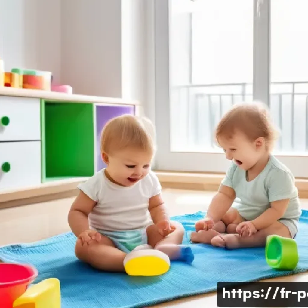 영유아 전염병 종류와 예방 팁 - A bright and cheerful daycare classroom scene in France, showing toddlers wearing colorful underwear...
