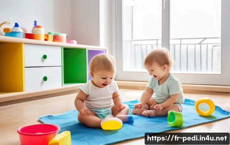 영유아 전염병 종류와 예방 팁 - A bright and cheerful daycare classroom scene in France, showing toddlers wearing colorful underwear...