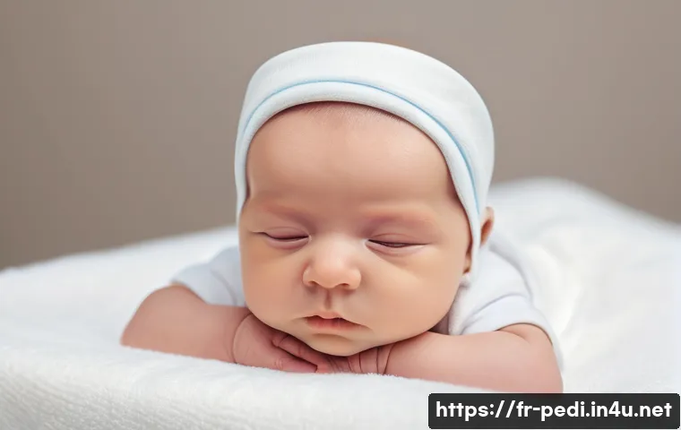 신생아 두개골 이상 증상과 소아과 진료 - A detailed medical illustration of a newborn baby wearing a diaper, lying on a soft white blanket in...