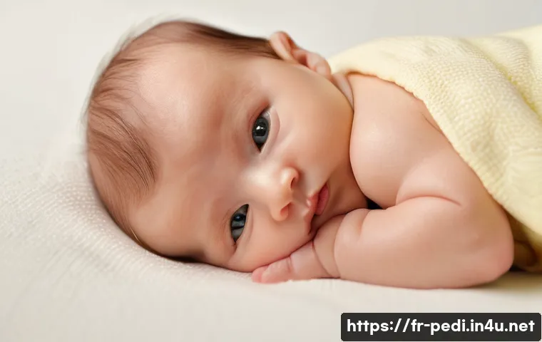 신생아 배꼽 감염 증상과 치료 - A close-up, softly lit image of a calm infant wearing a clean diaper, lying on a white cotton blanke...