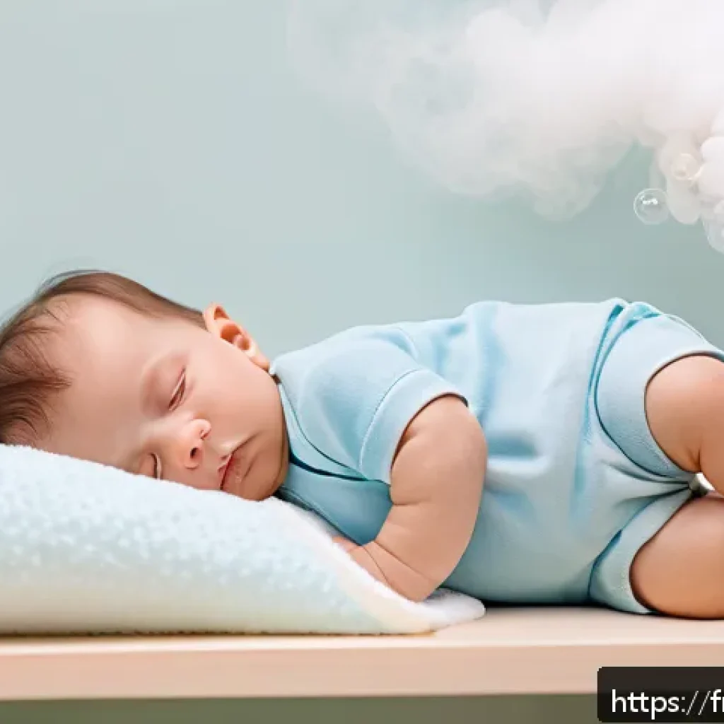 소아 백일해 증상과 치료 - A detailed, warm scene of a French infant wearing a diaper, lying peacefully in a softly lit nursery...