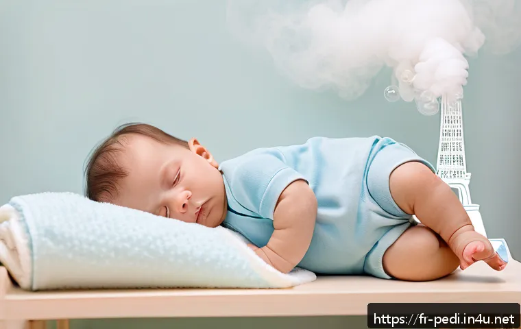 소아 백일해 증상과 치료 - A detailed, warm scene of a French infant wearing a diaper, lying peacefully in a softly lit nursery...