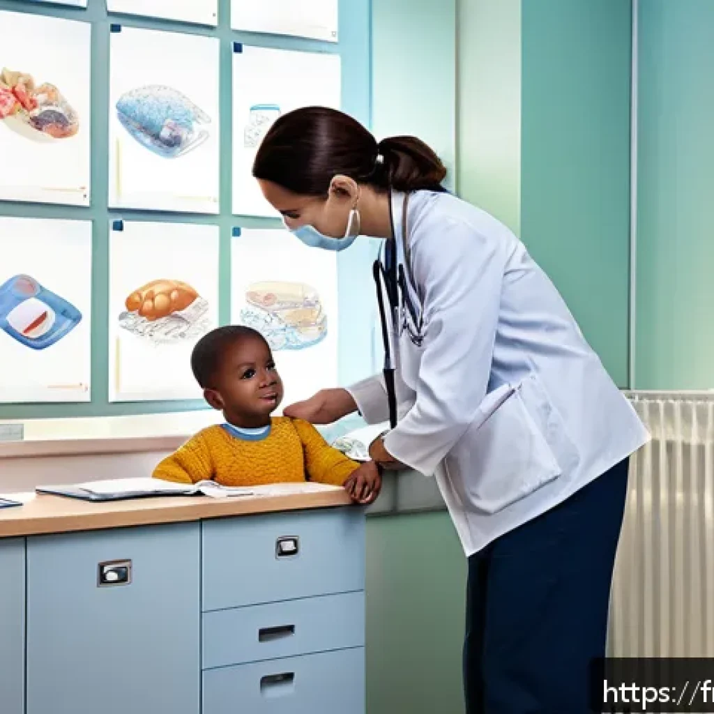 소아 위염과 복통의 관계 - A caring pediatrician examining a young child aged 3-6 years in a bright, modern French clinic. The ...