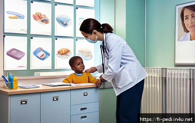 소아 위염과 복통의 관계 - A caring pediatrician examining a young child aged 3-6 years in a bright, modern French clinic. The ...