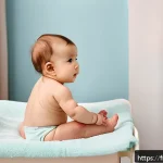 영유아 수두 예방접종 후 주의사항 - A tender scene showing a French baby wearing a soft diaper, sitting calmly on a pastel-colored chang...