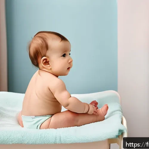 영유아 수두 예방접종 후 주의사항 - A tender scene showing a French baby wearing a soft diaper, sitting calmly on a pastel-colored chang...