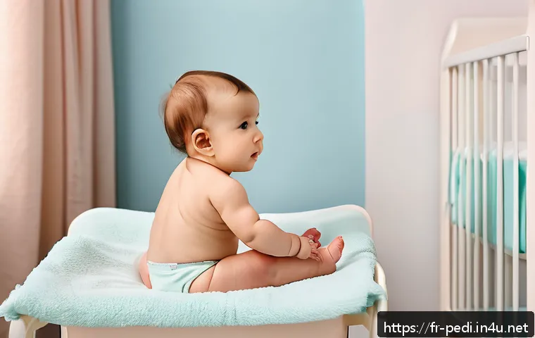 영유아 수두 예방접종 후 주의사항 - A tender scene showing a French baby wearing a soft diaper, sitting calmly on a pastel-colored chang...