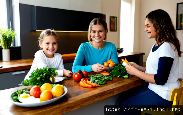 Home 26 아이들의 면역력 강화를 위한 식단 - Photorealistic bright French family kitchen, a smiling parent and two school-age children preparing ...