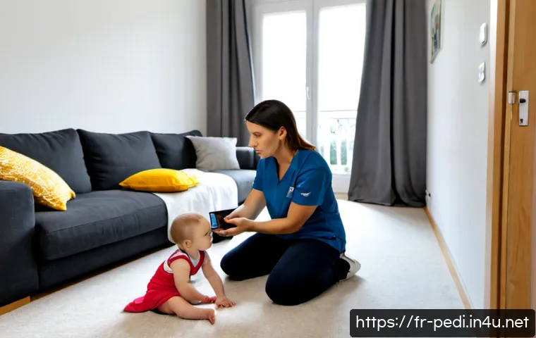 Home 15 영유아 경련과 발작의 응급 대처법 - Photorealistic emergency response scene in a modern French family living room, a calm parent gently ...